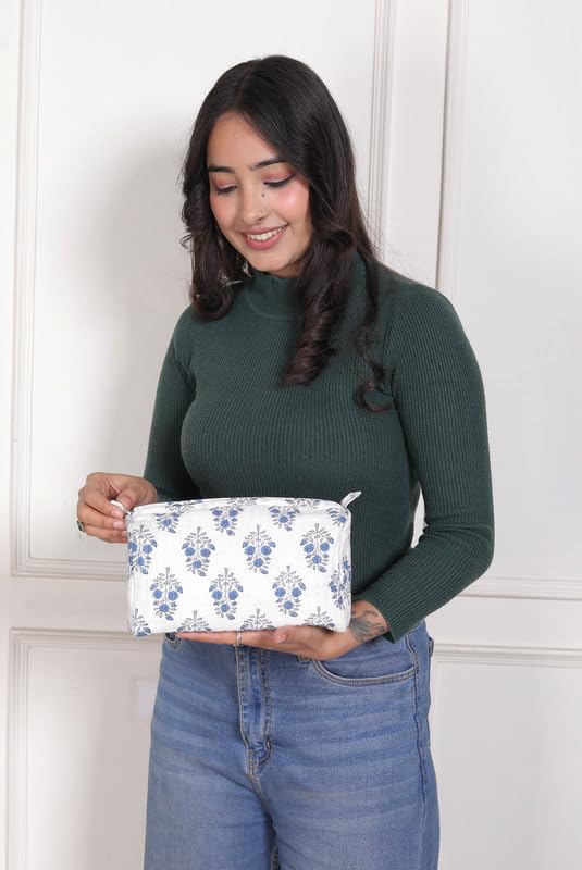 Image of Toiletry Travel Bag | Men's Shaving Kit & Women's Makeup Pouch | 23.5 x 11.5 x 17.5 cm | White&Blue Floral