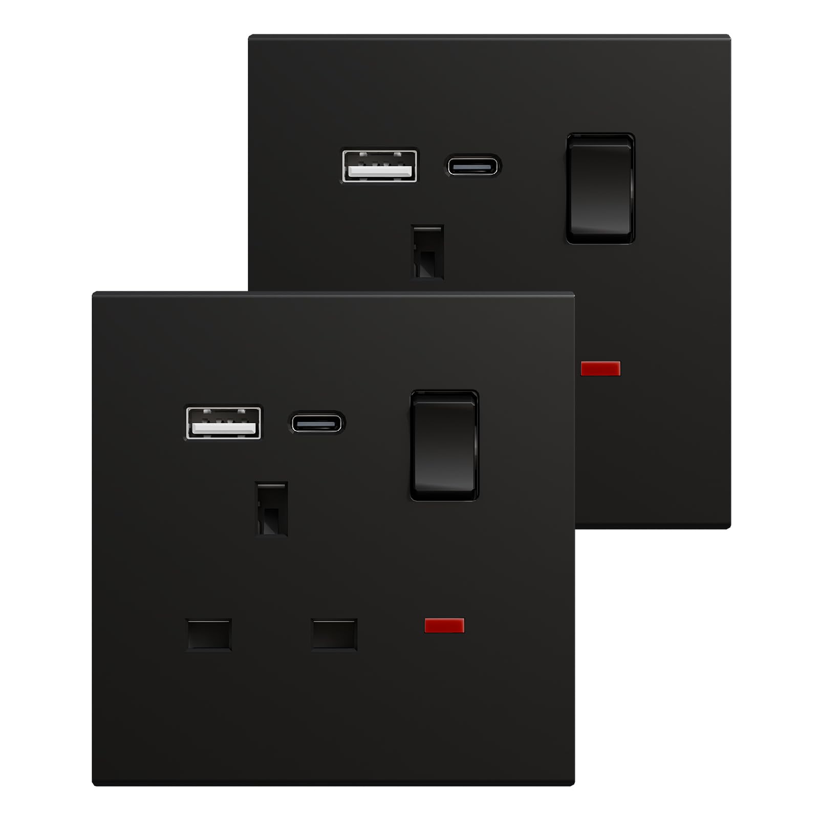 BSEED Single Socket with USB C 2 Pack, Electrical Single Switched Power Plug Wall Socket with LED Indicator, PC Wall Plate Outlet, Black, 13A