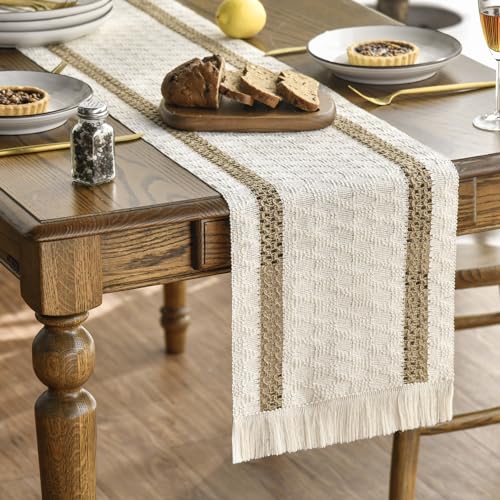 Artoid Mode Camino de mesa bohemio, estilo rústico, dos lino, algodón, borlas, lavable, decoración de mesa, fiesta, boda, cumpleaños, decoración, 30 x 143 cm