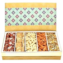 Ghasitaram Gifts Diwali Gifts - Diwali Hampers 5 Part Print Almonds, Cashews, Sugarfree Dates and Figs Bites, Roasted Namkeen and Granula Bites Box