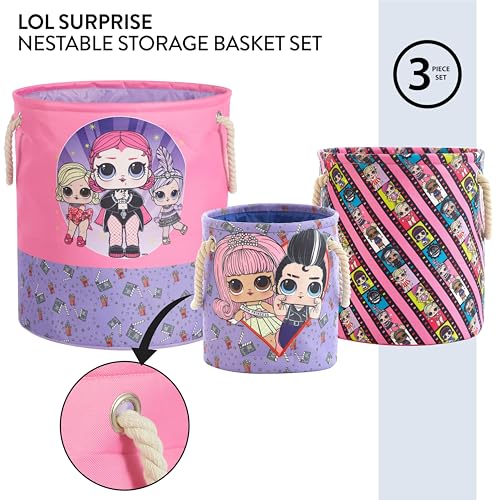 Image of Idea Nuova LOL Surprise 3 Piece Multi Size Fabric Nestable Toy Storage Basket Set, with Rope Carry Handles