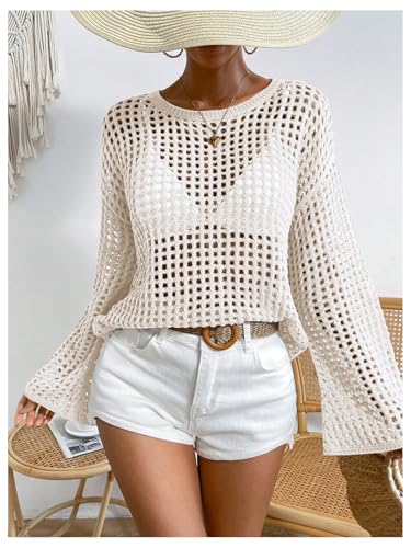 Women's Hollow Out Crochet Sweater Boho Sheer Long Sleeve Knitted Casual Pullover Tops Fall Sweater3