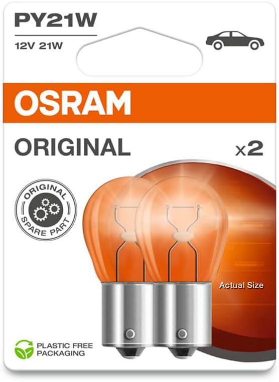 OSRAM ORIGINAL LINE 12V, PY21W, signal lamp, Metal Base, Double Blister, (2 lamps)