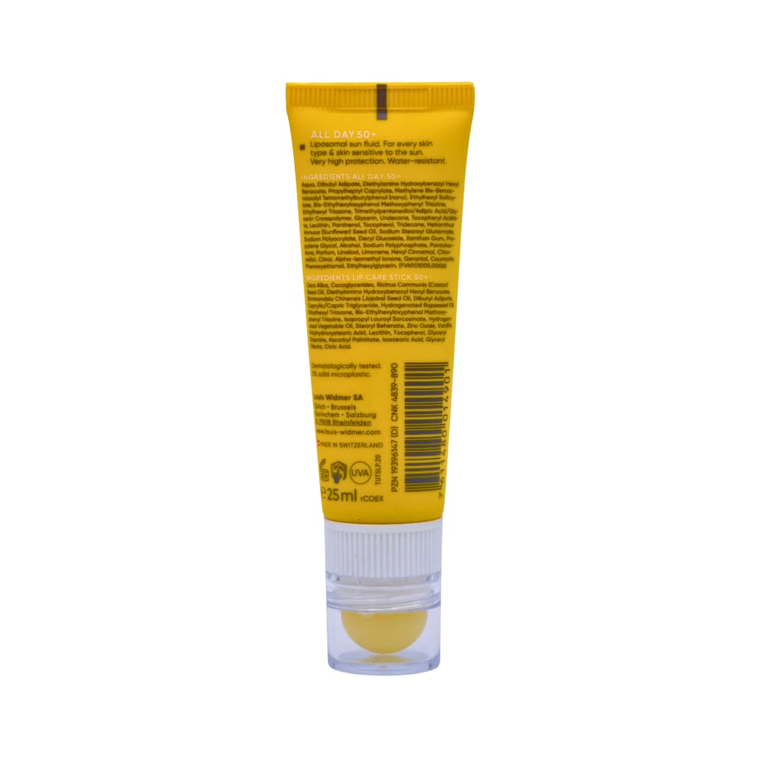 Louis Widmer All Day 50+ mit Lippenpflege Stift 3x 25 ml I Sonnenschutz für empfindliche Haut & Lippen LSF 50 I wasserfest & pflegend I ideal für unterwegs I Spar-Set plus Pharma Perle give-away
