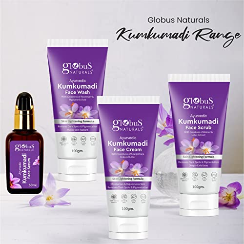 Image of Globus Naturals Ayurvedic Kumkumadi Skin Lightening Face Scrub, Enriched with Walnut & Lotus Extract, Chemical Free, Cruelty Free, Suitable For All Skin Types, 100 ml, Pack Of 1