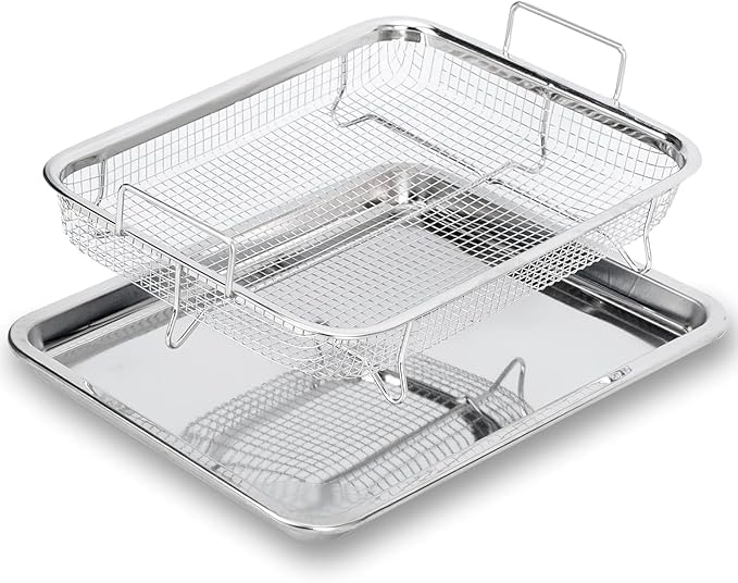 Stainless Steel Crisper Tray and Basket, 13" x 9.6" x 3.1" Oven Air Fryer Pan Mesh Basket Set，Non-Stick Crisper Oven Tray for Baking and Crispy Chicken, French Fries and Onion Rings-image-17
