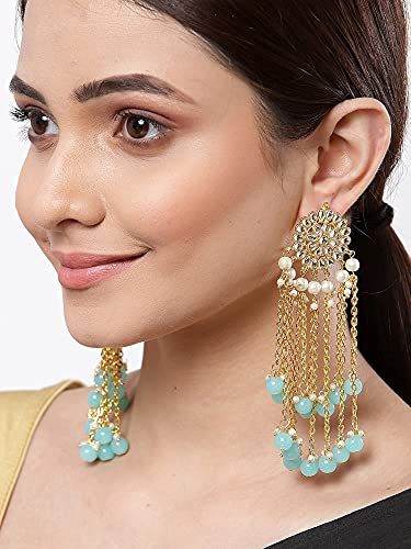 Image of Karatcart Kundan Tassel Earrings for Women (Pink and Green Beads)