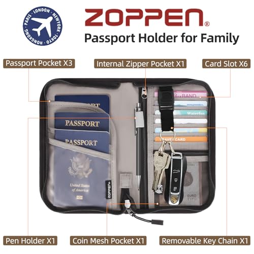 ZOPPEN Passport Holder Family Women/Men, Travel Wallet RFID Passport Wallet Travel Essentials Documents Organizer Zipper Case with Removable Wristlet Strap, Black