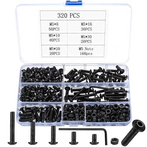 Alloy Steel 320 Pcs M5 Bolts Set - Hex Socket Button Head Cap Screws, Nuts Set - Pan Head Furniture Bike Bolts Set