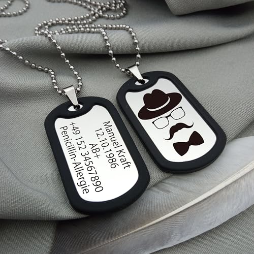 Generisch Dog Tag Personalisiert – Erkennungsmarke Edelstahl – Glanz Kette Mit Namen – Gravur – Personalisierte Kette Herren – Militär Geschenke – 2 Mm Dick – Gravur – Set Mit Clip Und Gummi-Silencer