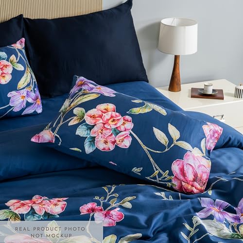 Image of Digitally Printed with Reactive Ink Tech | 300 TC 100% Organic Cotton Queen Premium Bedsheet Set | Ultra-Soft Satin-Like Finish | Floral Ocean Dusk