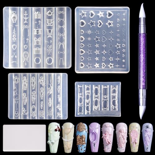 Laza 4pcs Silicone Nail Art Molds 3D Virgin Mary Mirror Frame Heart Bowknot Exquisite Silicone Y2K Nail Accessories with Carving Pen Resin Nail Art Mold Manicure Tools for DIY Salon Nail Design
