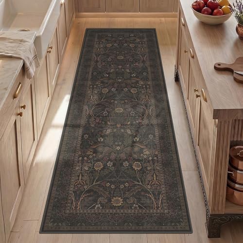 Washable 2x6 Kitchen Rugs Non Slip - Dark Brown Hallway Runner Rug, Farmhouse Non Slip Floral Botanical Bathroom Mats, Southwestern Cabin Bedroom, Hall Way Low Pile Carpet 2' x 6' (Runner) B