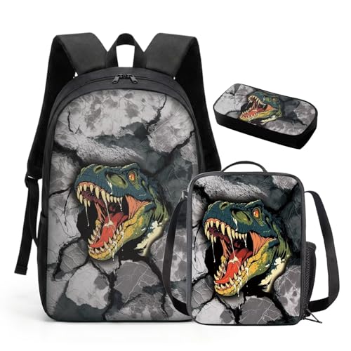 HUGS IDEA Cracked T-Rex Breathable Bookbag Combo Set for Kids 6-12: 3D Cushion - 20L Capacity Anti-Slip Bottom 1.2kg for Dinosaur Enthusiasts