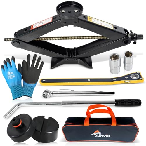 SJ Amvia Cric a forbice per auto, 1,5 tonnellate (1,5 kg), portatile, ideale per SUV e auto, meccanismo intelligente con cricchetto, resistente (kit da 3 tonnellate + cuscinetti/guanti/pressa per