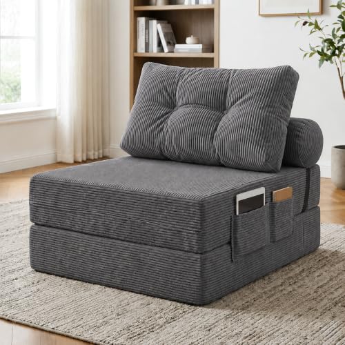 Image of Floor Sofa Bed, Convertible 2-in-1 Corduroy Couch with High-Density Sponge, Foldable Stackable Seat for Living Room Bedroom Dorm Game Room, No Assembly Required (Gray)