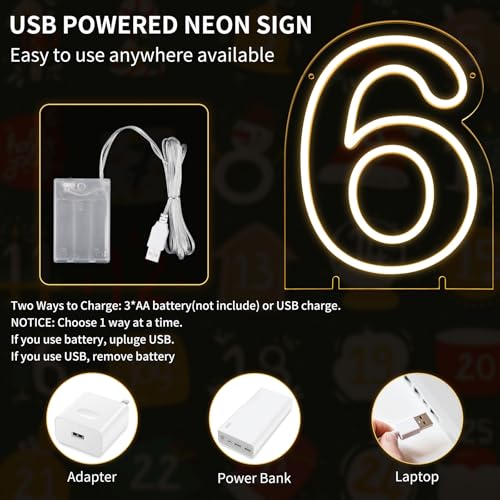 Image of Number 6 LED Neon Sign Backdrop Birthday Party Decoration, 11.3 inch 11.3 inch Height Warm White Marquee Six Numbers Light Up Sign for Wedding Anniversary Window Wall Table, Indoor Battery Operated or USB