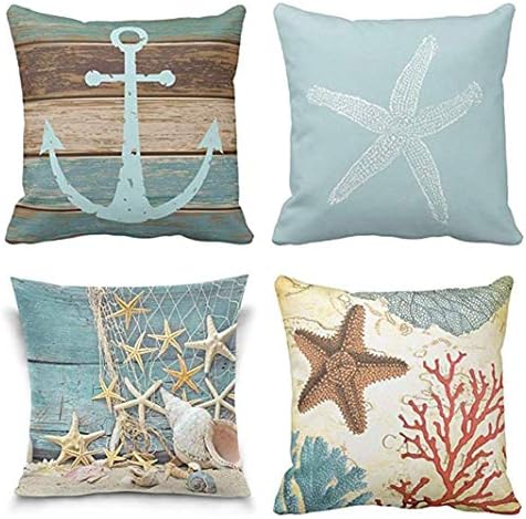 Jbralid Starfish Fish Turquoise Nautical Anchor Weathered Wood Coastal Old Green Cotton Linen Indoor Decor Throw Pillow Cover Case Set of 4, 22x22 in