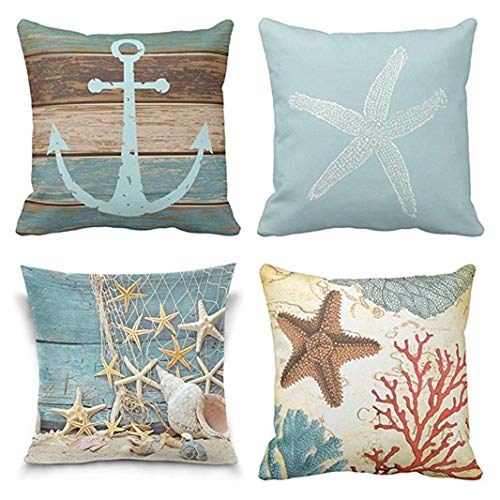 Jbralid Starfish Fish Turquoise Nautical Anchor Weathered Wood Coastal Old Green Cotton Linen Indoor Decor Throw Pillow Cover Case Set Of 4, 22X22 In #TOP19
