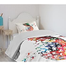 Ambesonne Pineapple Bedspread, Geometric Pineapple Bursting into Scattering Birds Flight Modern Abstract Print, Decorative Quilted 2 Piece Coverlet Set with Pillow Sham, Twin Size, Green Red 51oTbM1XNSL. SS280