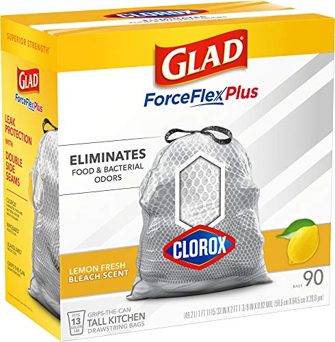 Glad Tall Kitchen Trash Bags ForceFlex Plus with Clorox, 13 Gallon, Lemon Fresh Bleach Scent 90 Count (Package May Vary)