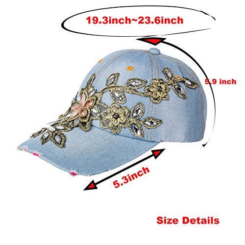 Elonmo Rhinestone Hats For Women, Cute Big Lace Flowers Baseball Cap With Jewel Rhinestone Bling Hats Jeans Wash Denim Adjustable (Light Blue) #TOP6