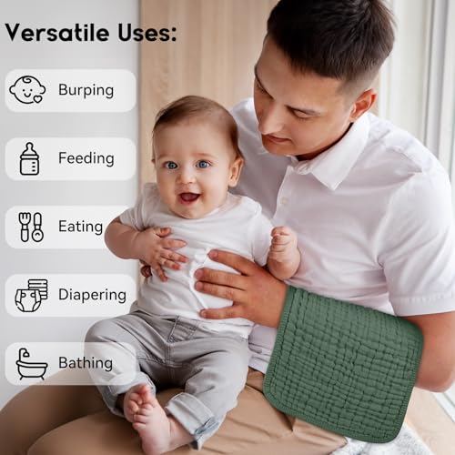 Image of Unnivoll Muslin Burp Cloths for Baby 100% Cotton Burping Cloths for Boys Girls Large 20''X10'' Extra Soft and Absorbent 12 Pack - Gradient Green