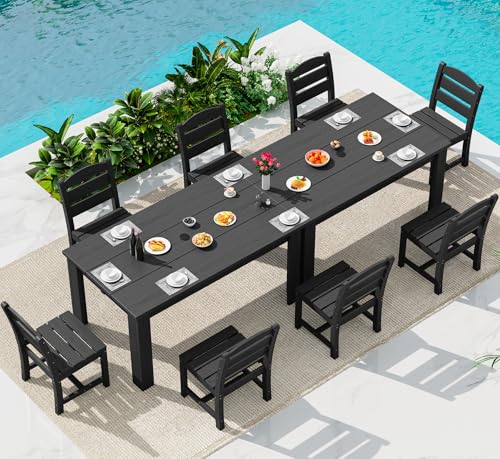 Image of SERWALL 59 inch Outdoor Dining Set for 8, HDPE Dining Set, Black | Include 2 Rectangular Tables and 8 armless Chairs, All Weather Dining Sets for Garden, Backyard