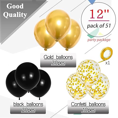 Image of Black and Gold Balloons Kit, 12 Inches Metallic Gold Balloons Confetti Balloon and Black Balloons with Ribbon for Birthday Graduation New Year Decorations.50Pcs
