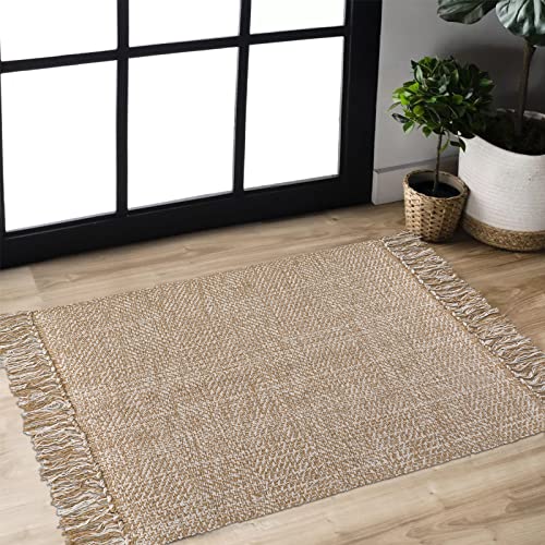 Collive Farmhouse Kitchen Rugs 2 Piece Set, 2'X4.3'+ 2'X3' Tan/Cream Washable Bathroom Rug Set Soft Cotton Bath Sink Mats Runner Rugs Woven Floor Carpet For Front Back Door Entryway Office Decor #TOP6