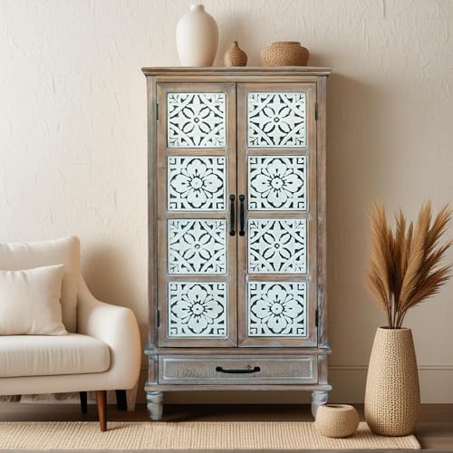 Image of French Country Side Cabinet - Vintage 2 Door Wood Cabinet with Storage, Accent Furniture for Living Room, Kitchen & Entryway, Tall Cabinet Storage (55.11 inch H)