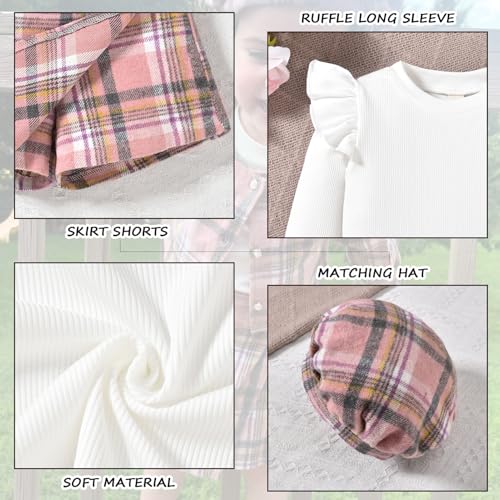 Image of HINTINA Toddler Girl 4 Pieces Outfits Ruffles Long Sleeve Tops Plaid Skirt Jacket And Hat Fall Winter Clothes Set