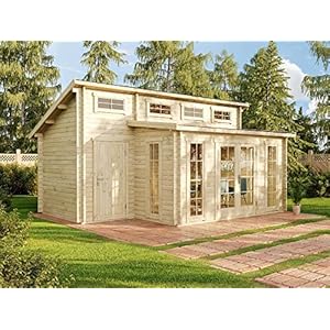 CARLSSON Tuinhuis Lausitz-40 met venster geïsoleerd – houten huis met aanbouw – houten tuinhuis met bodem – blokhut – tuinhuisje met lessenaarsdak naturel