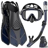 Ubekezele Snorkeling Gear for Adults Men Women,4 in 1 Snorkel Set with Panoramic View Diving Mask Anti-Fog Anti-Leak,Dry Top Snorkel,Fins and Travel Bag for Swimming,Snorkeling and Travel Diving
