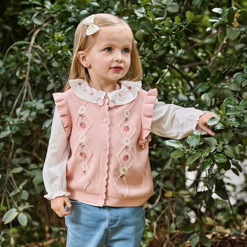 DAVE&BELLA Toddler Baby Girl Sweater Vest, Sleeveless V Neck Floral Knitted Cardigan Button Down Embroidered Flower Tank Tops3
