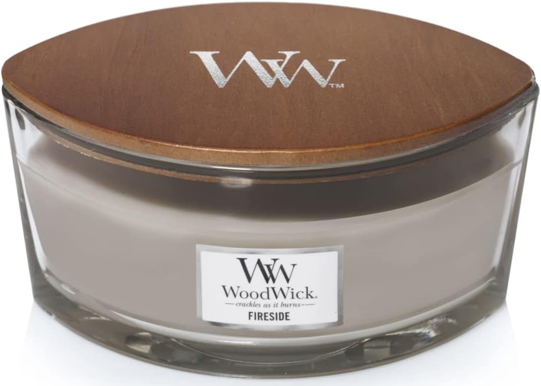 Woodwick Ellipse Scented Candle, Fireside, 16oz | Up to 50 Hours Burn Time & Medium Hourglass Candle, Evening Bonfire - Premium Soy Blend Wax, Pluswick Innovation Wood Wick, Made in USA