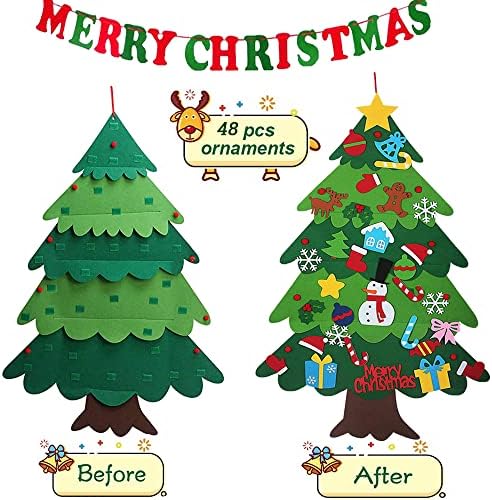 4FT 3D Felt Christmas Tree Decoration with Christmas Banner, DIY Kids Christmas Tree with 48pcs Detachable Christmas Ornaments Wall Decor Xmas Tree Gifts for New Year Home Door Hanging Decoration