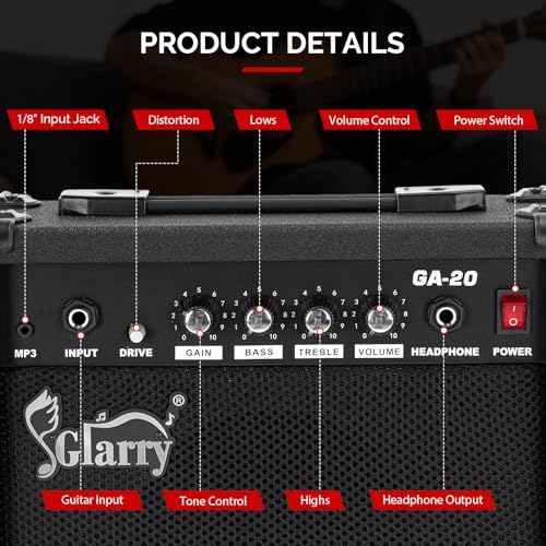 GLARRY Amplifier for Electric Guitar，Portable Vox Amp with Headphone MP3 Input，Mini Guitar Practice Amp 20W with Volume, Treble, Bass and Middle Controls - Image 4
