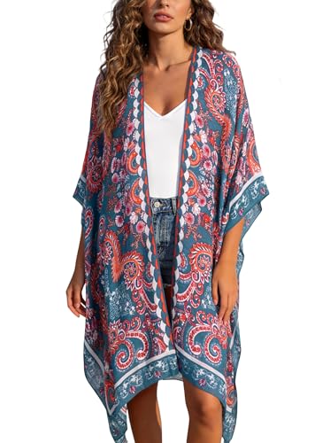 Image of Breezy Lane Women's Kimono Cardigan Summer Swimsuit Coverups Beach Cover Up with Floral Print for Vacation