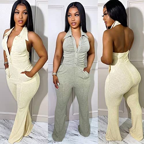Flare Jumpsuits For Women Sexy Halter Ruched Knit Ribbed Bodycon Turn Collar Backless Pocket Rompers Clubwear Black M #TOP2