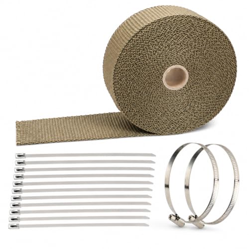 2 x 50 Titanium Exhaust Heat Wrap for Motorcycle Car Fiberglass Exhaust Header Wrap Tape with Stainless Steel Locking Ties and Duct Clamps (Titanium)