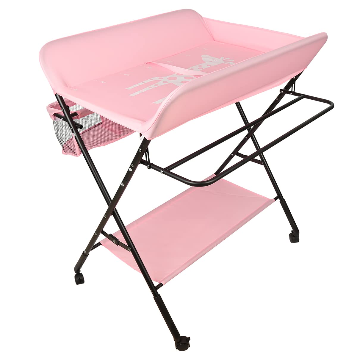 Mueble Cambiador Bebe Plegable y Portátil, Cambiador con 4 Ruedas,Patrón de Jirafa-80 x 66 x 92/95/98 cm (Rosa)