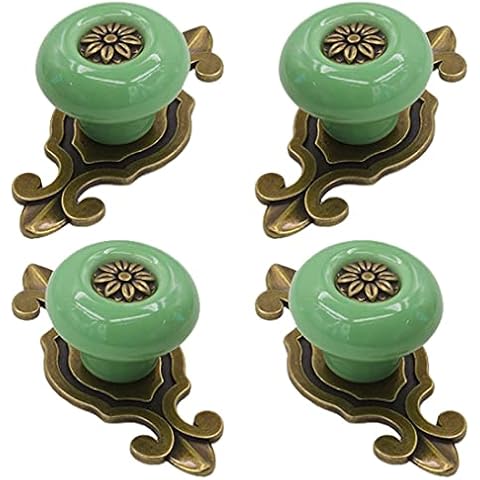 Tverghvad Ceramic Cabinet Knobs, [4 Pack] Vintage Elegant Dresser Drawer Knobs Backplate, Decorative Knobs for Wardrobe/Dresser Drawer/Cupboard (Green, 4 Pieces) Cover