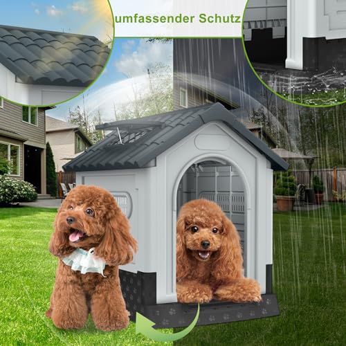 UISEBRT Hundehütte aus Kunststoff, isoliertes Hundehaus mit Schiebedach, Oberlicht und erhöhtem Boden, Hundezwinger Hundekäfig Haustierhaus für Drinnen und Draußen, 79,5 x 70,5 x 78 cm