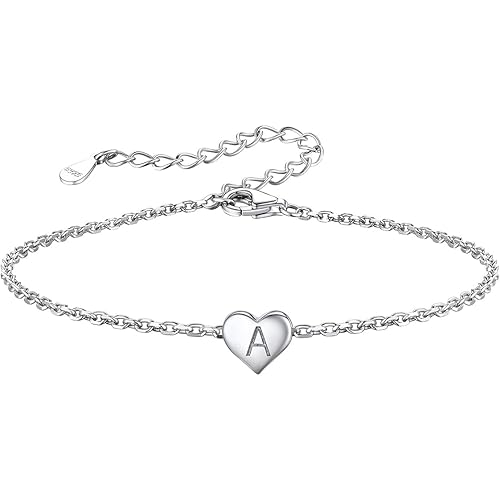 Silvora 925 Sterling Silver Initial Bracelets Heart A-Z Letter Bracelets Hand Link Charm Dainty Bracelet for Women