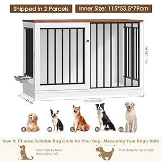 FirFurd Dog Crate Furniture Dog Cage for Large Breeds Wooden Puppy Kennel with Sliding Doors & 2 Bowls Heavy Duty Pet House Indoor Sideboard Cabinet White+Brown 120x90x60cm