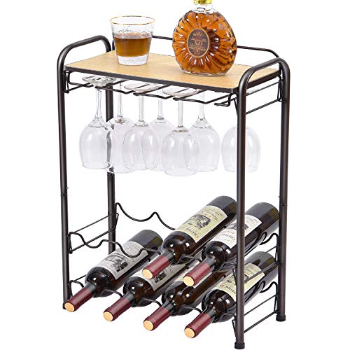 TOOLF Wine Rack for Countertop, 8 Bottle Metal Freestanding Wine Holder with Cork Drawer and Wooden Tabletop, Wine Storage for Countertop, Kitchen, Cupboard