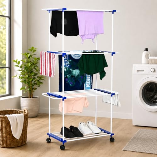 Image of FLIPZON Premium 3 Tier Flexri Cloth Drying Stand with Wheels | Alloy Steel Laundry Rack for Indoor & Outdoor Use | Heavy Duty Multi Layer Stand for Family Laundry (Blue & White)