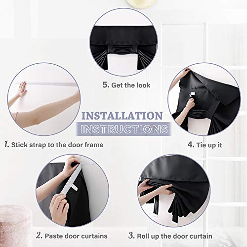 RYB Home French Door Curtains - Privacy Blackout Window Tie up Shades Energy Saving for Kitchen Dining Kids Nursery Bathroom Tricia Door Covering, W 26 x L 72 inches, Black, 1 Panel