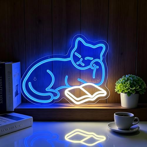 Blue Reading Cat Neon Sign for Wall Décor Dimmable USB LED Neon Light for Home Reading Corner Book Lover Gifts Library Decor Study Room Children's Night Light